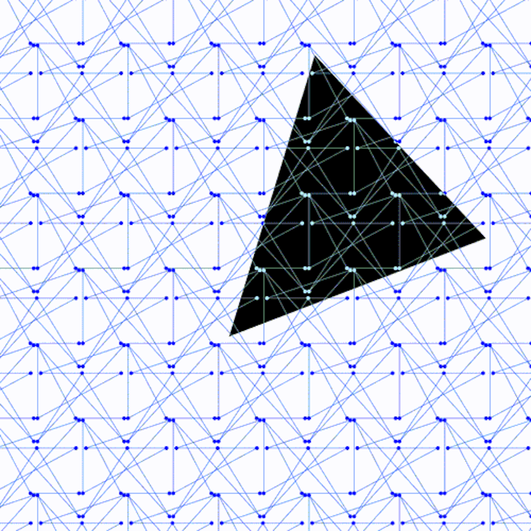 Animation of a black circle transforming into four black triangles behind a blue wire grid