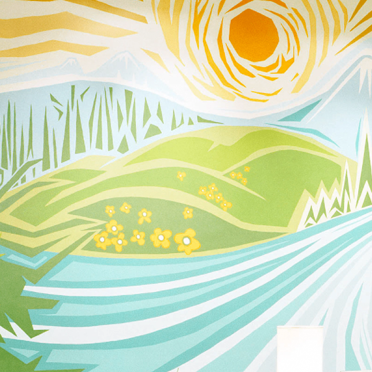 Stylized mural of a sunrise over a green field with yellow flowers and a blue river