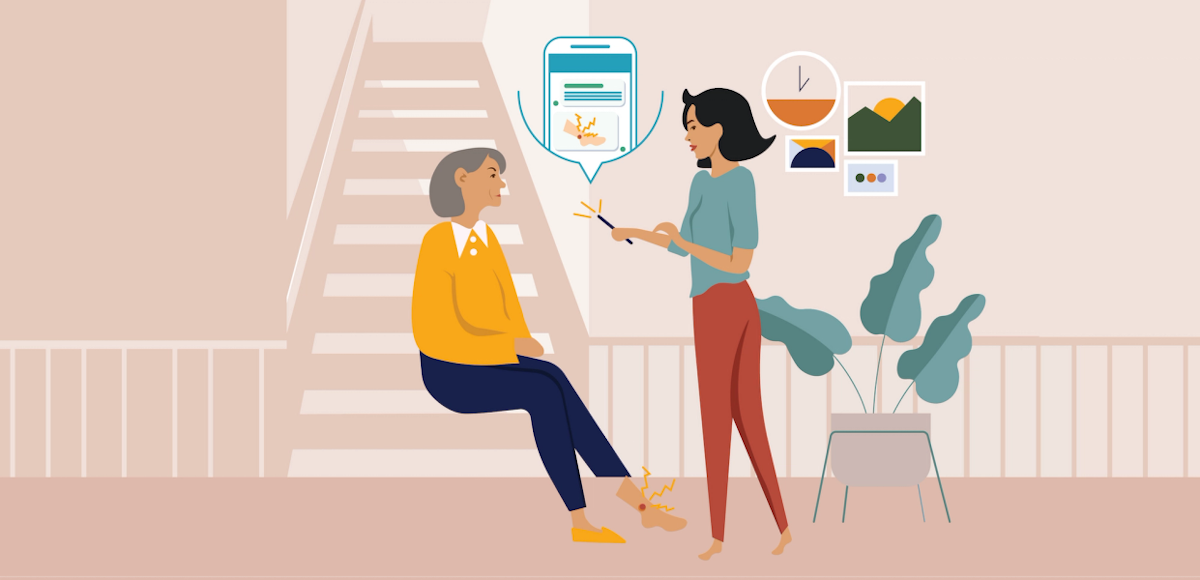 Illustration of two people discussing a healthcare mobile app